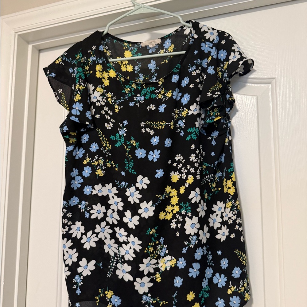 LOFT Black Floral Top with Blue and Yellow Accents